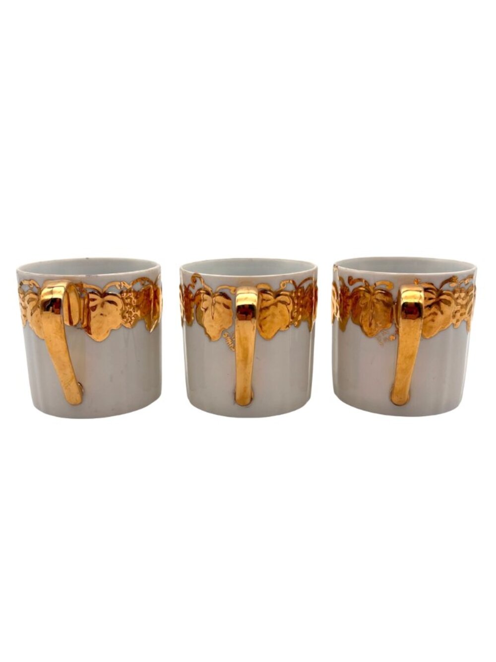 Vintage Porcelain Cup Set Of 3 Gold Handle & Grape Leaf Pattern Signed WM Sharp - Picture 3 of 16